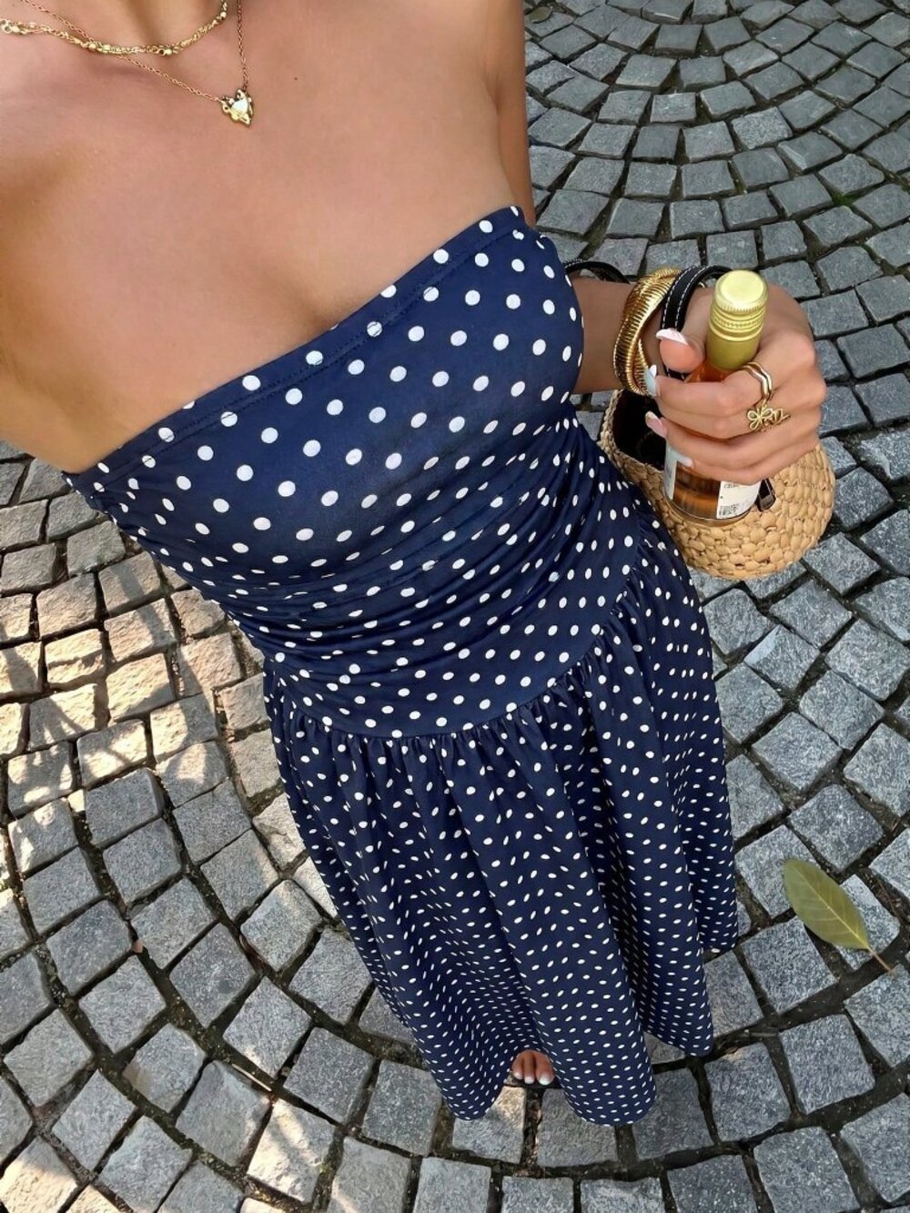 Navy Blue Casual Women's Polka Dot Print Vacation Dress - Picture 3 of 6